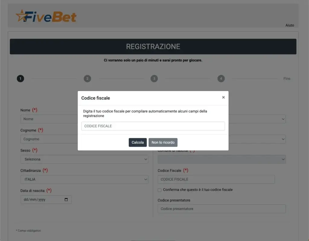 Apertura del conto gioco Fivebet